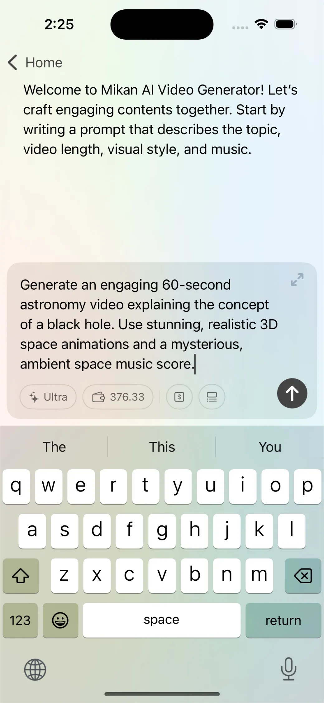 Mikan AI prompt screen creating an astronomy video about black holes