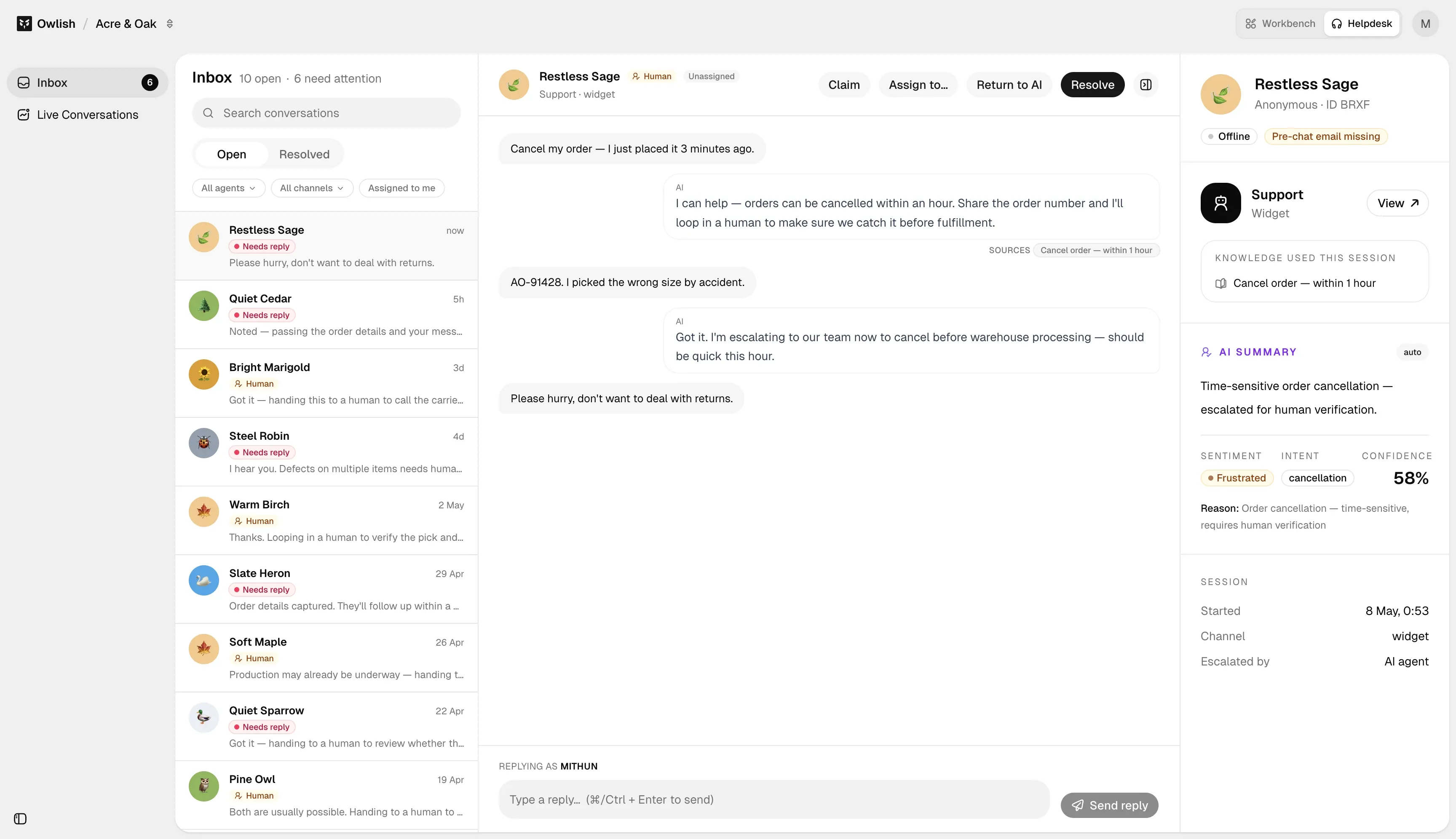 Owlish helpdesk showing an inbox, customer conversation, source-backed answer, and AI handoff summary